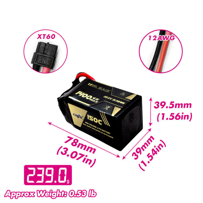 16692 3 battery cnhl ultra black lipo 6s 22 2v 1400mah 150c xt60