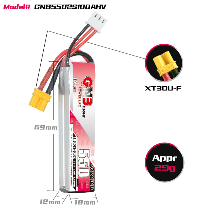 15963 3 battery gnb gaoneng lihv 2s 7 6v 550mah 100c xt30 long